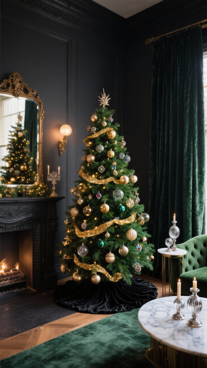 Medium-wide parlor scene, photorealistic: A moody vintage glam room with charcoal walls, velvet curtains pooling on the floor, and an antique mirror over a mantel reflecting warm light. Centered is a deep green, full-bodied Christmas tree dressed in brass, champagne, and smoky glass ornaments of varied sizes, jeweled picks, and gold lamé ribbon tucked into the branches. Classic globe lights create a throwback twinkle; a black velvet tree skirt anchors the base. Nearby, a tufted moss velvet sofa and a round marble-topped side table; mercury glass candlesticks on consoles echo the glow. Rich emerald, black, gold, champagne color story, low ambient lighting with warm highlights. Camera angled slightly from the corner for depth.