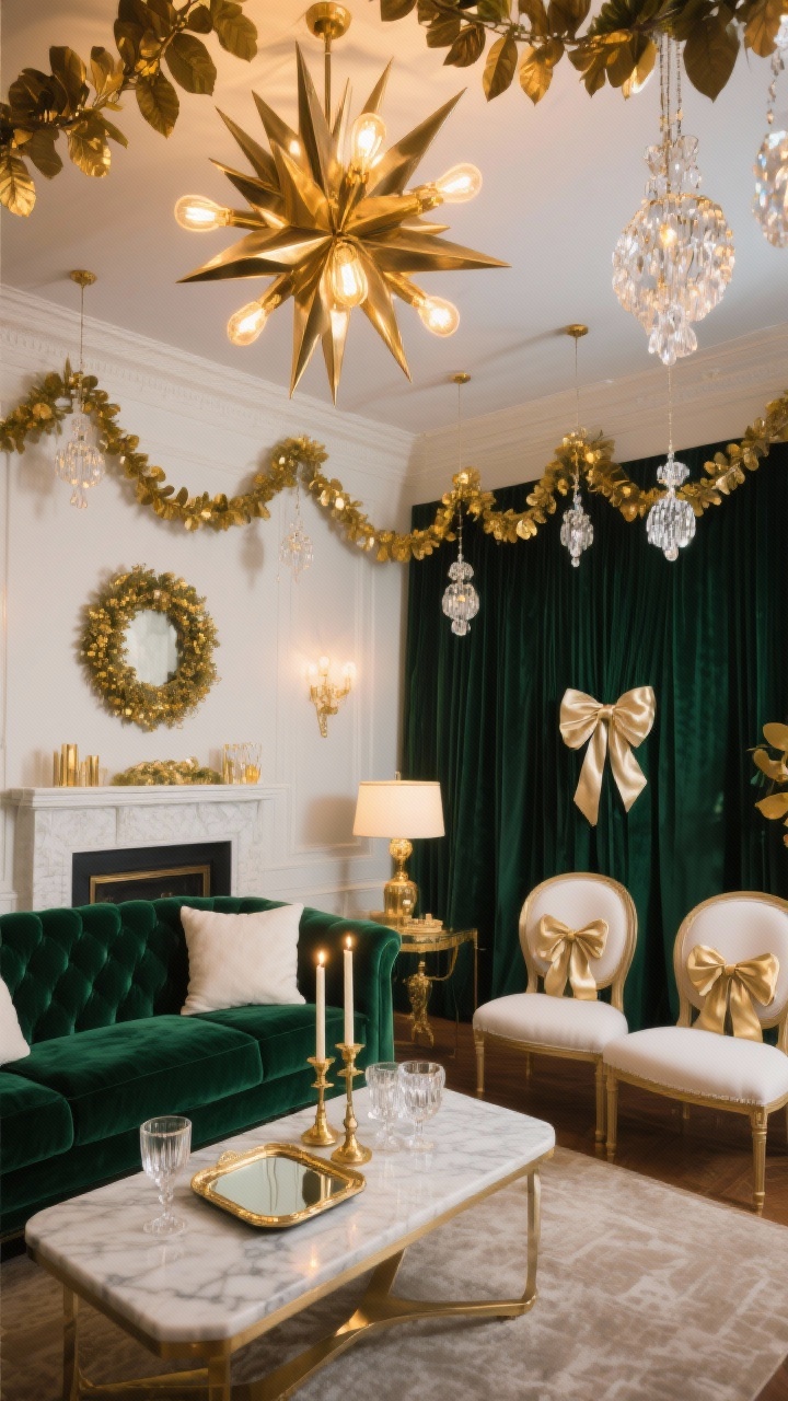 Medium-wide, photorealistic: An elegant living room ceiling draped with scalloped gold leaf garlands anchored by oversized metallic starbursts, with hanging crystal pendants catching the light. Deep emerald velvet sofa, ivory accents, and gold details throughout; marble-topped side table with brass candlesticks, mirrored tray and crystal glassware amplifying the glow. Dimmable chandelier fitted with gold filament bulbs casting warm ambience, a gilded wreath above the mantle, satin ribbon bows on chair backs. Rich emerald, ivory, and gold palette, evening party mood, angled corner perspective.