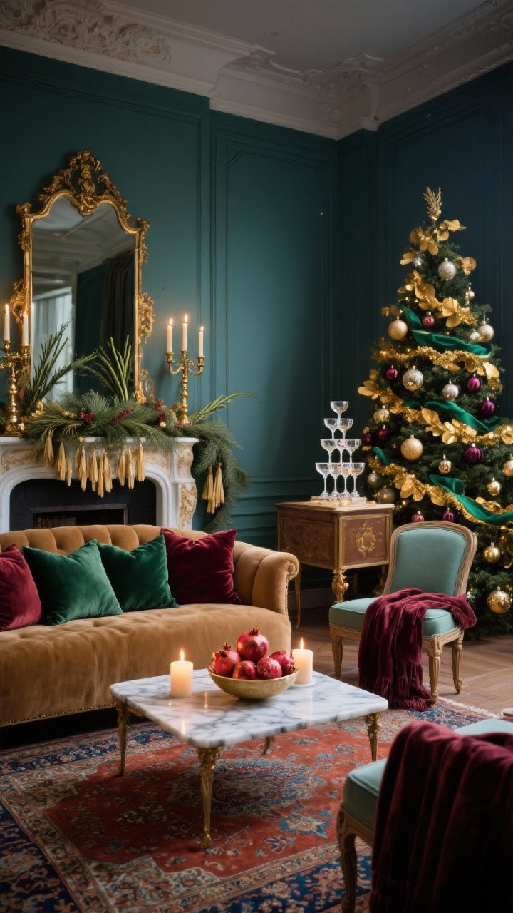 Medium-wide salon view, photorealistic: A Gilded Parisian living room with walls in smoky teal, a camel velvet sofa layered with emerald and burgundy velvet pillows, and a marble-topped coffee table glowing with candlelight. Christmas tree styled with gold leaf garland, glass ornaments in champagne, merlot, and forest green, silk ribbon cascading in loose tails, and antique brass tassels. Mantel layered with antique mirrors, a swag of asparagus fern and cedar, and brass candlesticks with beeswax tapers. Petite accent chairs with carved legs draped in velvet throws; Persian-style rug in rust and sapphire. On a sideboard, a champagne tower of gold-rimmed coupes beside a bowl of pomegranates. Moody, romantic, softly glowing evening lighting. Straight-on view to emphasize symmetry and opulence.