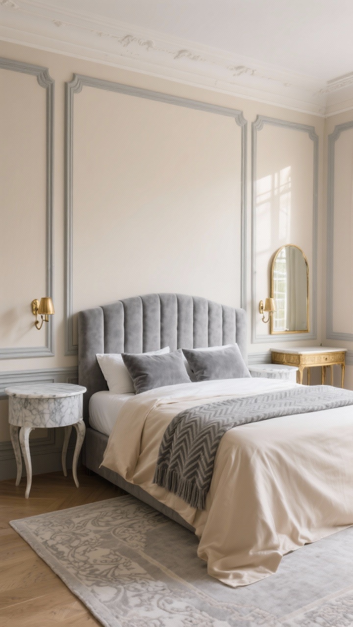 Medium-wide shot, Parisian Grey With Beige Molding: warm beige walls with delicate picture-frame molding painted in soft French grey creating depth, a plush channel-tufted grey headboard centered, marble-topped nightstands with slim curved legs, antique-style brass sconces flanking the bed, bedding layered with a beige silk-blend duvet, grey velvet Euro shams, and a grey herringbone throw; a pale greige rug with a faint traditional pattern, a gilt mirror above a petite console to bounce light, elegant apartment vibe, soft afternoon light, photorealistic.