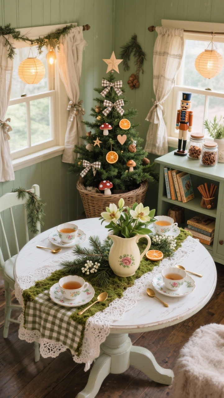 Overhead/angled medium detail, photorealistic: Cottagecore Woodland Tea Room vignette of a round pedestal table in a nook with sage walls. Lace tablecloth layered over a soft moss gingham runner; centerpiece is a low arrangement of hellebores, cedar, and waxflower in a cream pitcher. Floral china with scalloped saucers and brass teaspoons set for holiday tea. Nearby, a petite Christmas tree perched in a wicker basket, decorated with dried orange slices, tiny mushroom ornaments, wooden hearts, and gingham bows, with sprigs of rosemary and thyme tucked in. Windows feature paper star lanterns with warm bulbs; linen cafe curtains tied with ribbon. On a sideboard: storybooks, a wooden nutcracker, jars of cinnamon sticks and star anise. Soft, cozy daylight with warm glow; whimsical woodland mood.