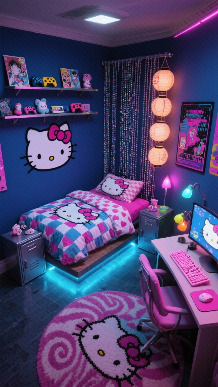 Overhead/angled medium shot — Retro Tokyo Arcade Hideout: A moody ink-blue bedroom with candy-bright Hello Kitty mural, a platform bed with underglow LEDs washing the floor, metal locker nightstands, bold bedding with pixel hearts and checkerboard Hello Kitty sheets plus a reversible comforter, staggered floating shelves holding manga, controllers, and Kitty collectibles, a beaded room divider curtain creating a small gaming nook, a compact desk setup with a curved gaming monitor, pink mechanical keyboard, and Hello Kitty mousepad, colored LED bulbs and a clustered paper lantern arrangement for ambient glow, a checkerboard or retro swirl rug, and posters in bold plastic frames; textures of powder-coated metal, vinyl, and LEDs; energetic, nostalgic arcade vibe.
