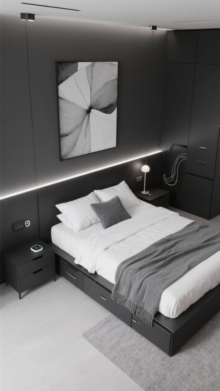 Overhead/angled top-down shot: Tech-savvy minimalist monochrome bedroom with cool dark grey walls, a matte black platform bed with hidden drawers, wall-mounted nightstands keeping the floor clear; white bedding with graphite pillowcases and a heather grey throw; smart LED strip backlighting the headboard, adjustable recessed spotlights, and a wireless charging lamp; oversized greyscale abstract art above the bed; slim black dresser, cable channel hiding cords, soft-close hardware; textures of brushed metal, microfiber, felt, and matte paint; clean, futuristic mood, photorealistic.