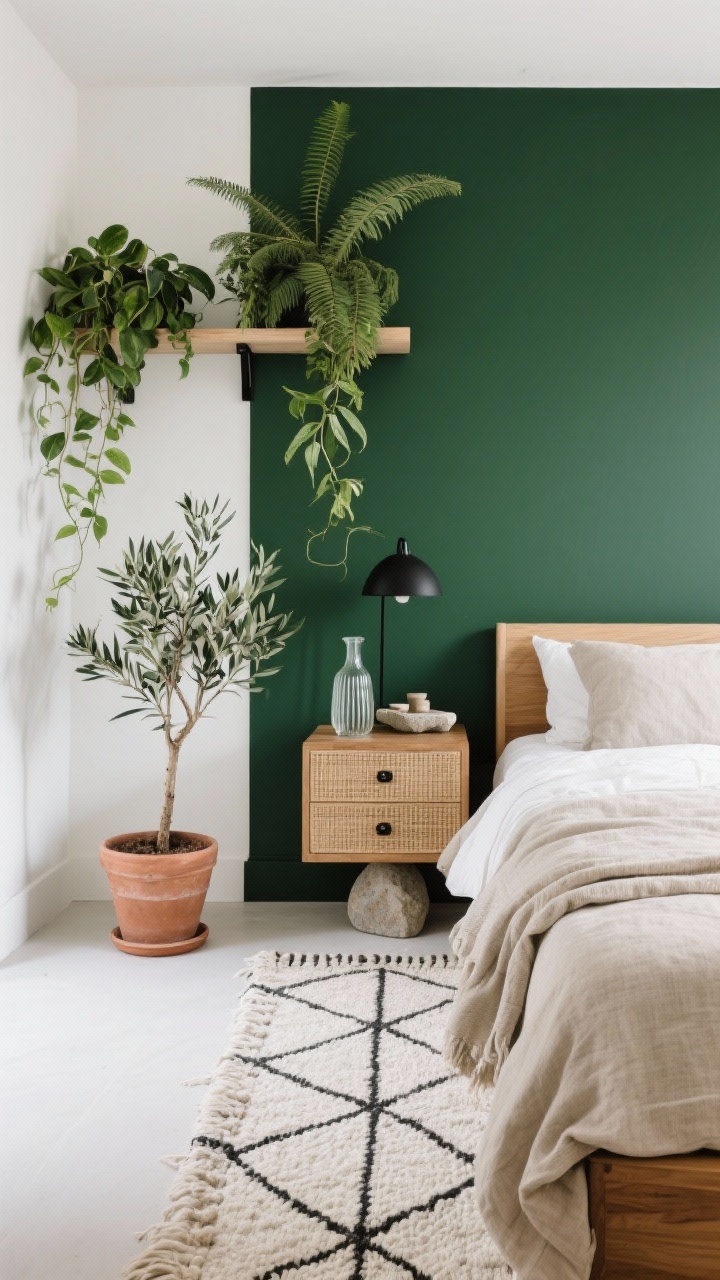 Overhead/detail hybrid shot from a slight height: Biophilic modern with forest greens. A deep forest green accent wall meets luminous off-white surroundings. A simple oak bed with linen bedding in natural flax; cane-front nightstands on each side. Plants as art: trailing pothos cascading from a shelf, an olive tree in a terra-cotta pot on the floor, and a sculptural fern on a pedestal. Matte black hardware on lamps and drawer pulls. A geometric cotton flatweave rug patterns the floor. On a nightstand: a ribbed glass bedside carafe and a small stone tray for essentials. Fresh, grounded, photorealistic.