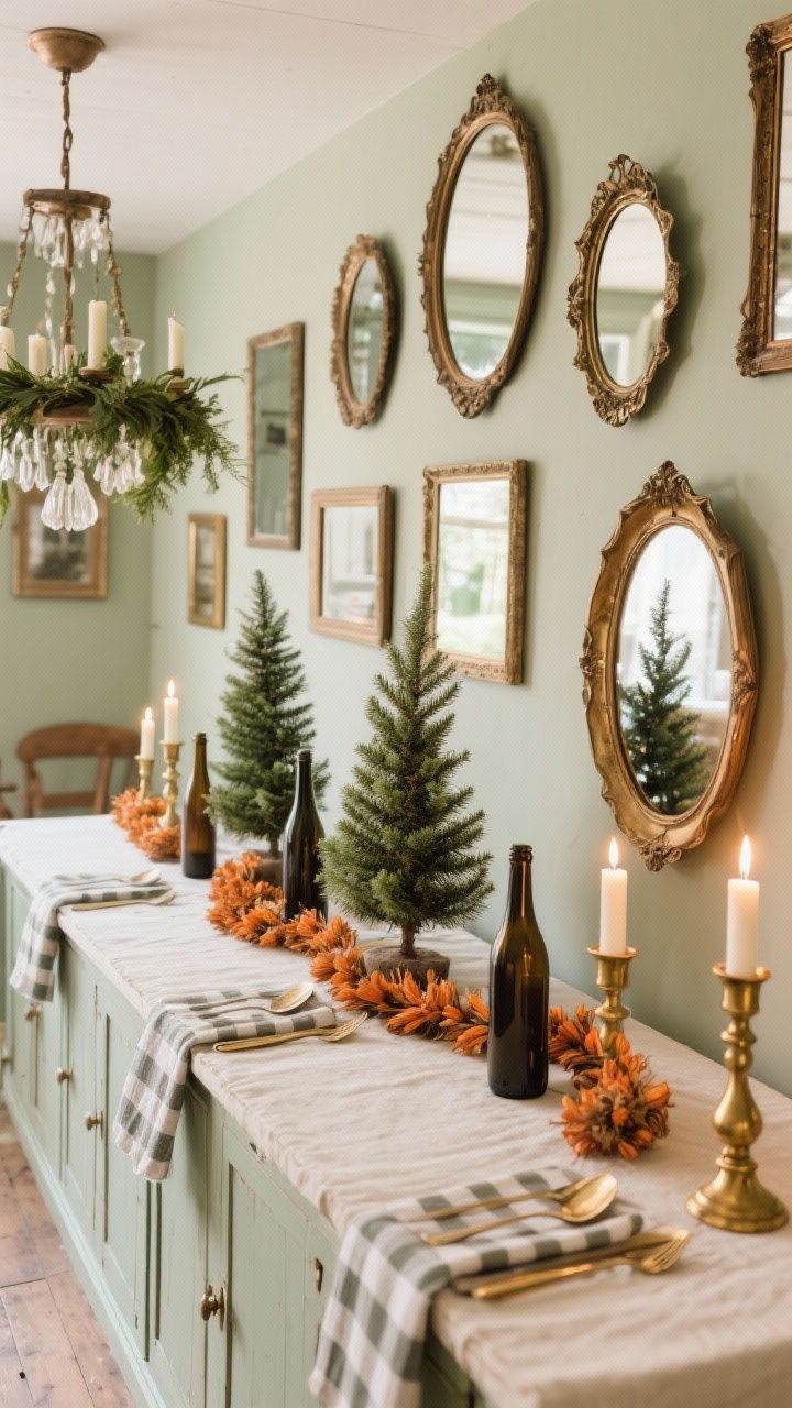 Overhead detail photorealistic shot of a cozy cottage dining buffet vignette: a long farmhouse buffet beneath a gallery wall of mismatched vintage mirrors (oval, rectangular, scalloped frames). On the buffet, a neat row of bottlebrush trees in varying heights, taper candles, and a hand-strung dried orange garland. Color palette: sage, cream, nutmeg, and burnished brass. Subtle reflections of a rustic chandelier wrapped with greenery appear in the mirror panes. Include hints of a linen runner edge, gingham napkin folds, and warm brass flatware peeking into frame, with battery-operated clip-on candlelights twinkling in the reflections.