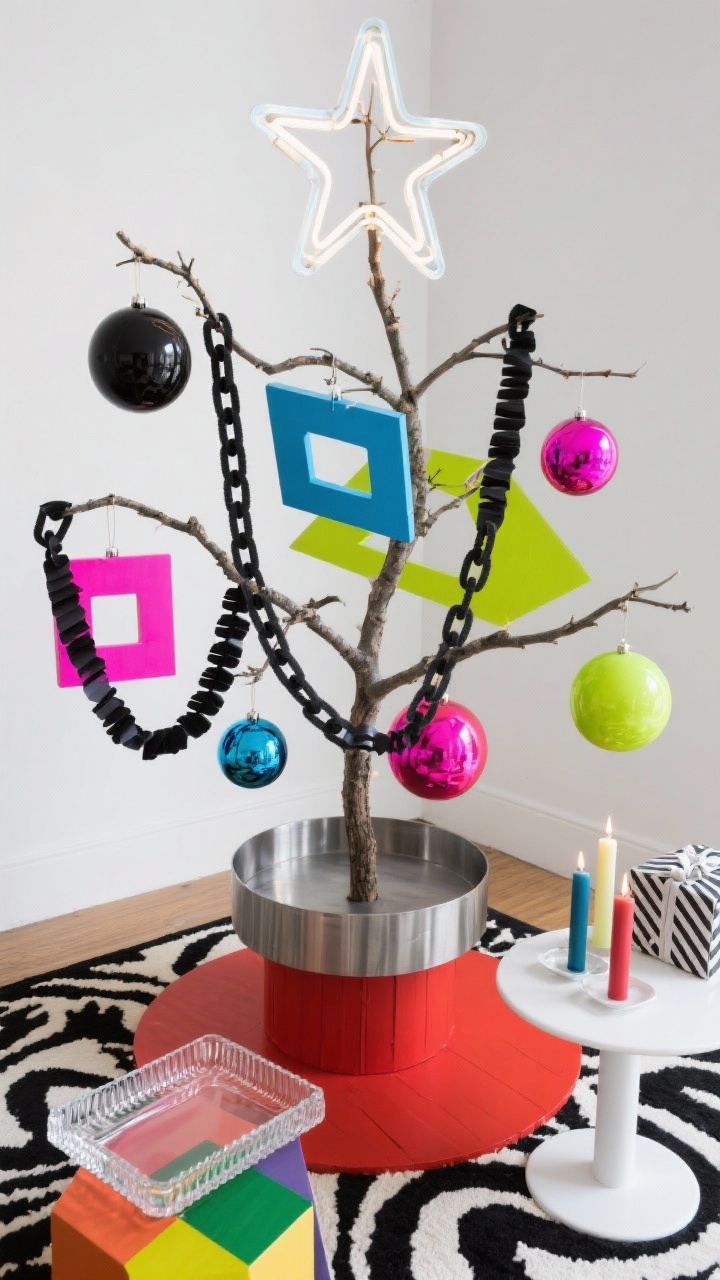 Overhead detail shot: A sparse, sculptural modern tree section showcasing bold, high-contrast ornaments—matte black, electric cobalt, neon pink, and chartreuse—plus oversized geometric shapes and glossy baubles for a gallery feel. Paper chain garland in bold colors and thin black velvet ribbon weaving between branches; topper hinted as an asymmetric wire form or neon acrylic star out of frame. Below, a sleek metal tree collar or painted plywood base in bright primary red on a black-and-white graphic rug. Nearby surfaces show color-blocked candles, lucite tray, and graphic gift wrap on a white pedestal side table. Crisp, even lighting emphasizing saturated color and clean lines, photorealistic, no people.