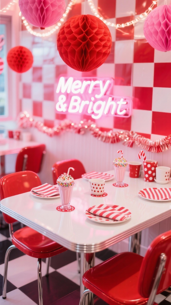 Overhead detail shot, Candy Cane Pop Art Cafe: Graphic, high-contrast tabletop and decor composition showcasing a glossy white table with cherry-red chair edges peeking in. Elements include peppermint coasters, striped napkins, milkshake glasses, sprinkle-rimmed mugs, and polka-dot plates. In the background blur (top of frame), a red-and-white checkerboard or stripe wall and a neon “Merry & Bright” glow; hints of candy-cane garland and oversized red/pink paper honeycomb balls hanging at varying heights. Lighting is bright and crisp with neon and LED rope lights, emphasizing red, white, and bubblegum pink palette. Photorealistic, bold pop-art vibe.