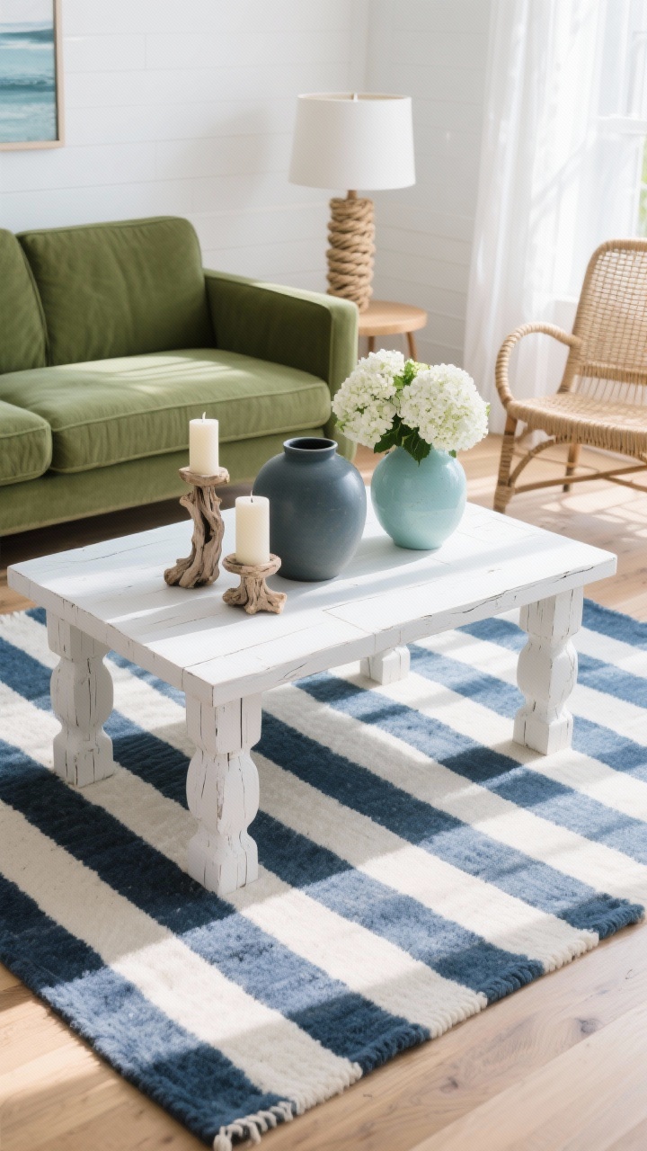 Overhead detail shot, coastal modern coffee-table vignette: stripey rug in navy/white beneath a whitewashed chunky-leg coffee table; on top, matte ceramic vases, driftwood candleholders, and fresh hydrangeas; edges show the green sofa nearby, bright white walls, sheer curtains streaming sunlight, pale oak floors; a rattan armchair corner and rope-wrapped lamp partially visible; accents in sea-glass blues, sandy beige, fresh white; relaxed, sunlit, photorealistic.