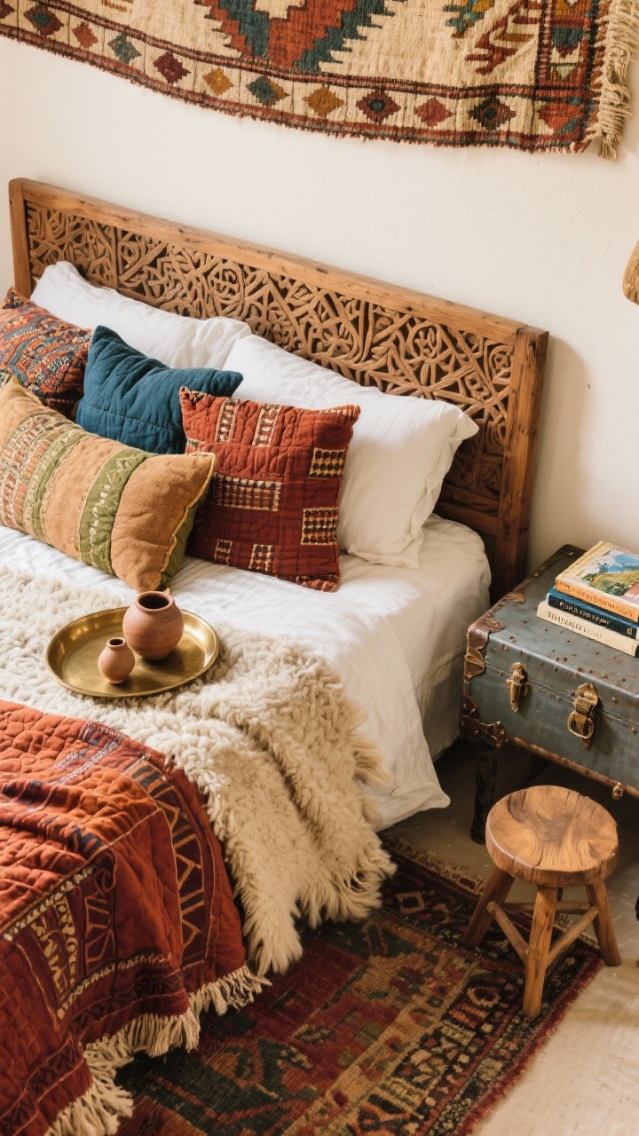 Overhead detail shot: Global boho layered textures on a bed—carved mango wood headboard edge visible. Block-print quilts in earthy rust, indigo, olive, and camel, kantha pillows, and a chunky wool throw. A brass tray with hand-thrown ceramics and a small stack of travel books on a mismatched pair of nightstands (one metal trunk, one wood stool) peeking into frame. Cream wall tone and a woven tapestry edge above. Vintage-inspired kilim rug with geometric pattern underneath. Warm, diffused lighting, textured and collected feel, photorealistic.