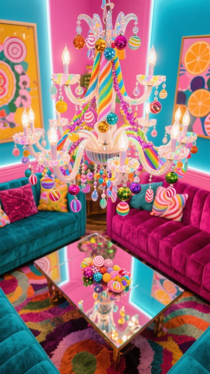 Overhead detail shot, Maximalist Candy Shop Lounge chandelier: grand multi-arm chandelier overloaded with rainbow glass ornaments, playful candy-shaped baubles, striped ribbon weaving through arms, and tasteful iridescent tinsel sparkling in colorful reflections; below, glimpse of a mirrored coffee table reflecting the colors and a punchy patterned rug; hints of jewel-toned velvet sectional in magenta and teal and eclectic art in citrus, fuchsia, electric blue on wall edges; palette jewel tones with neon pops; exuberant, cheeky joy; photorealistic, no people, vibrant lighting.