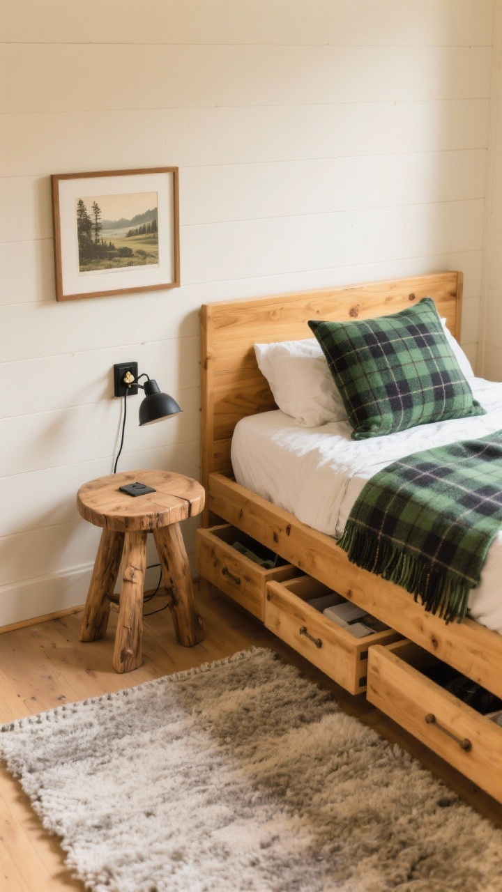 Overhead detail shot of a “Cabin Micro-Getaway” bedside zone: warm honey wood bed frame edge with integrated underbed drawers partially open, showing neat storage. On a heathered wool-look rug in soft neutrals, a rustic wooden stool serves as a bedside table holding a matte-black sconce’s switch or cord nearby and a framed vintage landscape leaning against a soft cream wall. A plaid throw and single plaid accent pillow in forest green and charcoal tones add cozy pattern. Photorealistic, warm natural light.