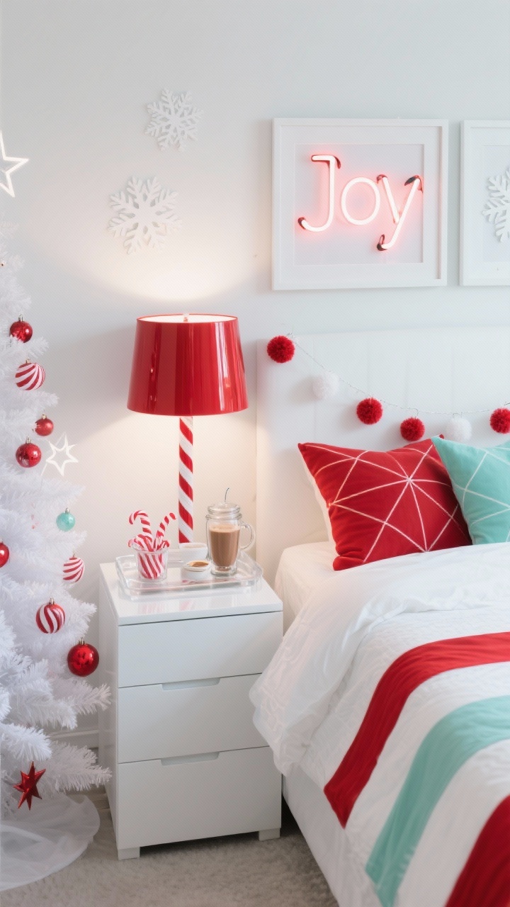 Overhead detail shot of a crisp modern candy-cane palette vignette on a white lacquer nightstand beside a white lacquer bed: white duvet with a red-striped runner across the foot and geometric pillows in red and mint peeking in frame; glossy red table lamp casting a clean glow; neon-style “Joy” sign glow reflecting softly; slim white Christmas tree edge with candy-themed ornaments, acrylic stars, and playful pom-pom garland in background blur; minimalist shadow box frames with paper snowflakes on a white wall; lucite tray holding peppermint-filled glass jar and hot cocoa fixings; punchy white, peppermint red, and mint colors, graphic and photo-ready.