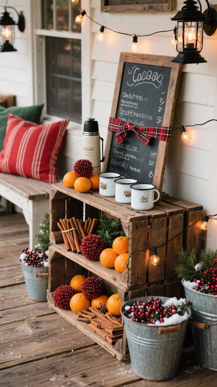 Overhead detail shot of a farmhouse market-style porch vignette: a rustic crate display arranged with oranges, cinnamon sticks, and clove-studded pomanders; enamel mugs and a vintage thermos forming a DIY cocoa station next to a chalkboard menu sign; plaid ribbon accents threaded through crates; nearby galvanized buckets filled with winter berries; visible edge of a red ticking stripe pillow on a bench; hint of black metal lanterns framing the scene. Color palette: evergreen, barn red, black, natural wood. Warm Edison-style string light reflections across wood grain; photorealistic, cozy market feel.