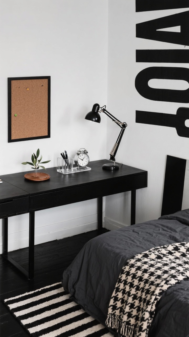 Overhead detail shot of a monochrome study nook, minimal and moody. Desk surface with black metal task lamp, acrylic desk organizer, and a cork pinboard in a black frame partially in view. Large typographic print (bold black lettering) edge visible on the wall beyond. Color scheme: black, white, and a single subtle accent (small olive plant or tan leather coaster). On the bed edge nearby: charcoal bedding with a black-and-cream houndstooth throw. Black-and-white striped rug lines visible below, elongating perspective. Chrome clock and clear pen cups neatly arranged. Focused, high-contrast lighting from a clamp-on task light.