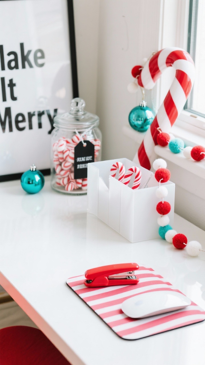 Overhead detail shot of a playful candy cane creative desk in crisp white, candy red, and icy teal. White acrylic organizer, bright red stapler, and a peppermint-striped mouse pad on a glossy white desktop. Graphic accents include bold black-and-white typographic tags and a partial view of an oversized “Make It Merry” poster edge. Teal baubles and candy-cane ornaments arranged near a red-and-white bead garland that runs along a nearby window ledge (visible at frame edge). A glass apothecary jar filled with peppermints and a snippet of felt ball garland in red, white, and teal. High-contrast, cheerful lighting, photorealistic.