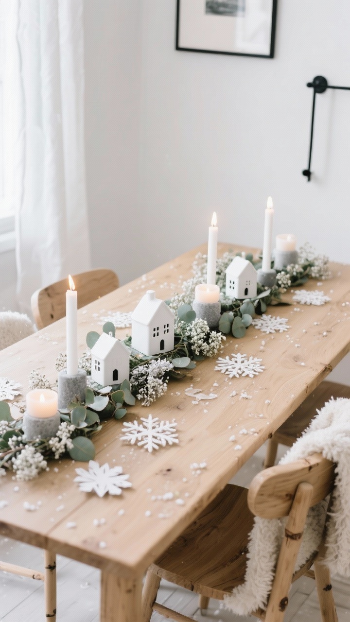 Overhead detail shot of a Scandinavian Snowfall dining table: a slim seeded eucalyptus garland running down the center of a blonde oak table, dotted with delicate paper snowflakes, white ceramic house figurines, and wisps of frosted baby’s breath. Interspersed white taper candles in matte stone holders, warm LED tapers glowing softly. Palette of white, oat, soft gray-green, and natural wood. Edges of light birch chairs with shearling throws visible; soft warm white walls in the background, black iron accents from curtain rods/picture frames subtly framing the scene. Crisp, airy, minimal, snow-dusted mood. No people, photorealistic.