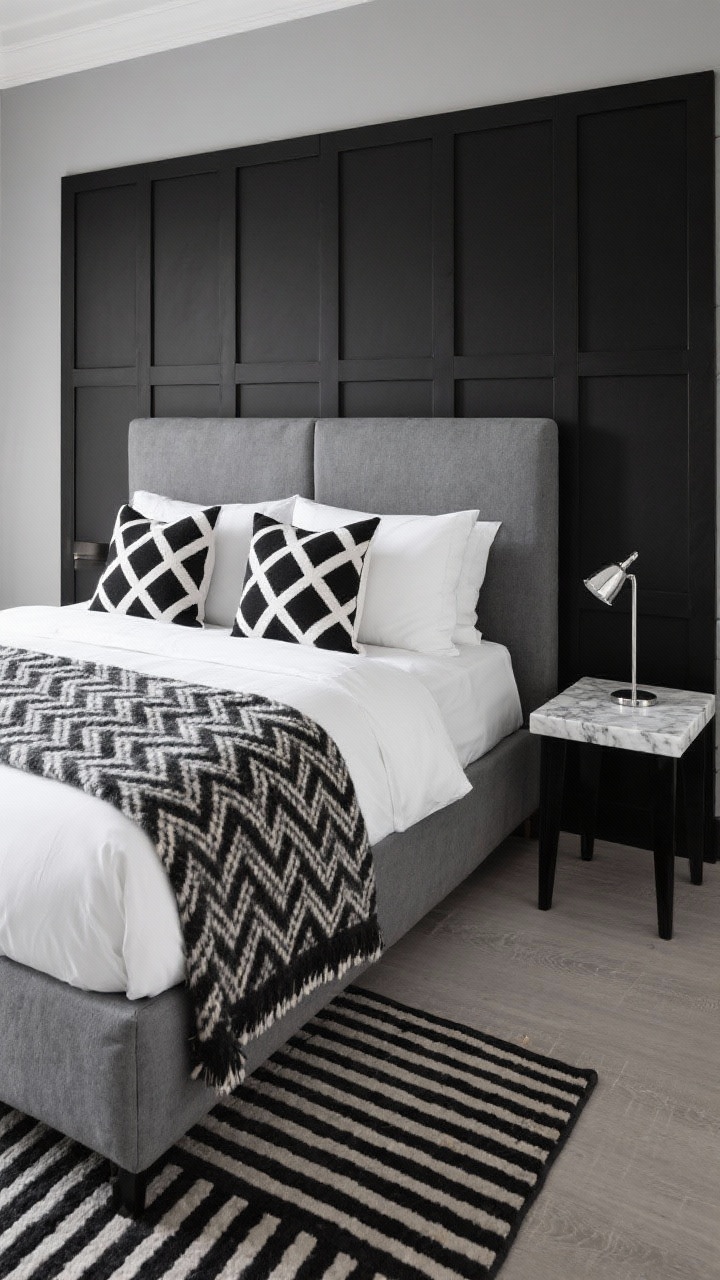 Overhead detail shot of bold patterns, hotel chic: medium grey wall and black paneled feature wall edges implied; pepper grey upholstered headboard top visible; crisp white sheets with a dramatic herringbone wool throw folded across the foot; black-and-white geometric pillows arranged precisely; marble-topped nightstand with black legs holding a sleek chrome task lamp; striped runner rug partially visible below; high-contrast, sharp, boutique vibe; photorealistic.