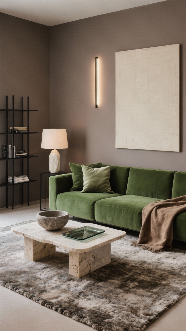 Overhead/detail shot of minimal luxe styling: a hunter green modular sofa adjacent to warm mushroom-gray walls. Travertine plinth coffee table centered with a stone bowl and smoked glass tray; thin black metal bookcase sparsely styled nearby. Nubby wool rug texture prominent; silk-blend pillow covers and a taupe suede throw draped neatly. Lighting: slim LED picture light illuminating a single oversized neutral canvas; alabaster table lamp glowing softly. Palette: hunter, mushroom, travertine, black, alabaster. Photorealistic, serene and high-end.