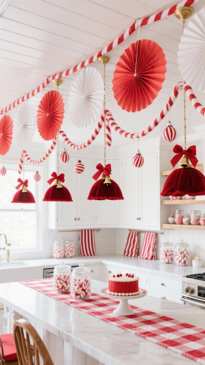 Overhead detail shot, photorealistic: A crisp red-and-white kitchen island runway of ceiling decor—alternating red and white paper fans and candy cane garlands aligned above the island. Below, white shaker cabinets, a glossy cake stand, and red-striped tea towels; pendant shades wrapped with red velvet ribbon finished with tiny bell accents. A cluster of hanging candy ornaments suspended over the island; open shelving trimmed with striped ribbon; clear jars of peppermint puffs and a red-and-white gingham runner at the breakfast table edge. Bright, cheerful lighting, nostalgic candy-cane palette.