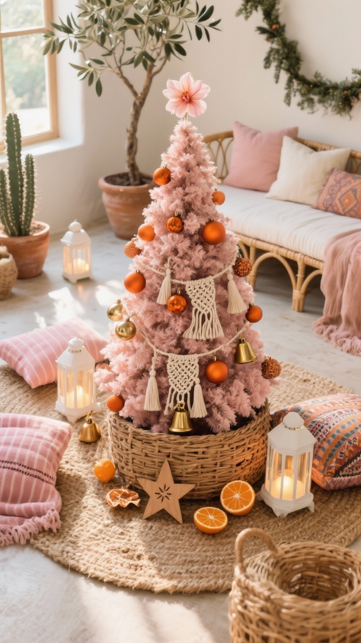Overhead detail shot, photorealistic: Desert rose boho sunroom styling around the base of a dusty rose Christmas tree set in a woven basket tree collar. Decor includes terracotta baubles, handmade macramé tassels, small brass bells, wooden star ornaments, and dried orange slices. Surrounding textures: jute rug, kilim cushions, pink-striped throws, rattan elements. Warm white LED lanterns add sunlit warmth. Edges of scene hint at a rattan daybed with ecru cushions and blush pillows, plus potted cacti, an olive tree, and eucalyptus garland. Earthy, relaxed, globally inspired vibe. No people.