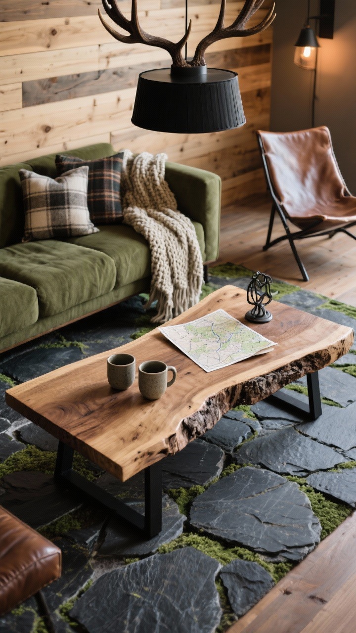 Overhead detail shot, Rustic Mountain Modern: A substantial live-edge coffee table with black metal legs viewed from above, set on a charcoal stone-look rug. A moss/olive sofa edge is visible with wool plaid pillows and a chunky knit throw draped along the arm. On the table: stoneware mugs, a folded topographic map, and a small iron accent. Background hints of pine/ash paneled wall and a leather sling chair. Warm, cozy lighting reminiscent of an antler-style chandelier or black drum pendant glow. Palette of moss, charcoal, tobacco leather, bone, iron black. Photorealistic, tactile textures emphasized.
