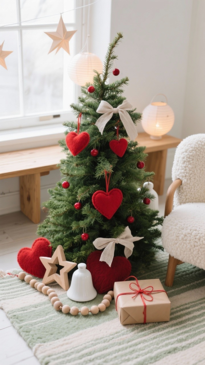 Overhead detail shot, Scandinavian Hygge With Cranberry Pops: A serene tableau around the base of a natural green tree with subtle cranberry-red accents. Focus on textures: red felt heart ornaments, white ceramic bells, unfinished wood stars, linen ribbon, a wooden bead garland, and kraft-paper gift wrap tied with red twine. Surroundings hint at a light-oak bench edge, cream boucle lounge chair texture, and a neutral striped rug. Soft glow from paper star lanterns in the window casts warm white light. Palette shows cranberry, warm white, oat, natural wood, and sage green. Peaceful, minimalist hygge mood, photorealistic.
