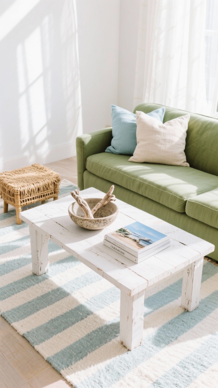 Overhead detail shot: Whitewashed wood coffee table styled with textured pottery, a driftwood bowl, and coastal photography books on a striped rug in off-white and pale blue. Edge of a pistachio-green sofa with linen cushions in sand and light blue visible. Nearby seagrass ottoman and rattan accents peeking in at frame edges. Soft, sunlit white walls and sheer curtains casting airy shadows. Coastal-modern, breezy, uncluttered feel.