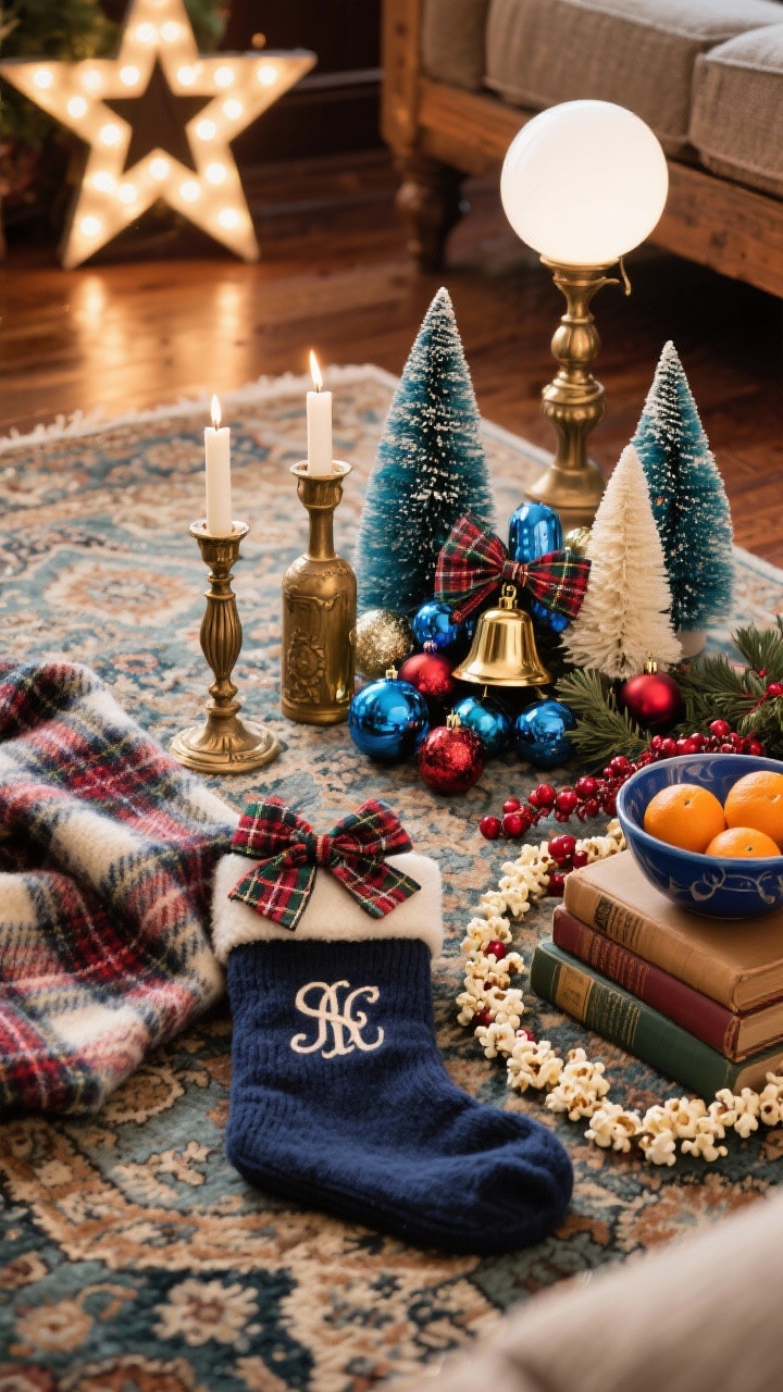 Overhead detail, Vintage Sapphire Family Room: A nostalgic flat-lay on a vintage patterned rug capturing classic holiday textures. Plaid wool throw partially draped into frame, navy knit stocking with embroidered initials, antique brass candlesticks, and bottle-brush trees in blues and creams. A cluster of glass ornaments in sapphire and ruby with brass bells, a tartan ribbon bow, and a strand of popcorn-and-cranberry garland looping through. Nearby accents include stacked vintage books and a blue ceramic bowl with clementines. Warm white globe light glow implied, retro marquee star bokeh out of frame; rich wood tones and cozy, old-world charm.