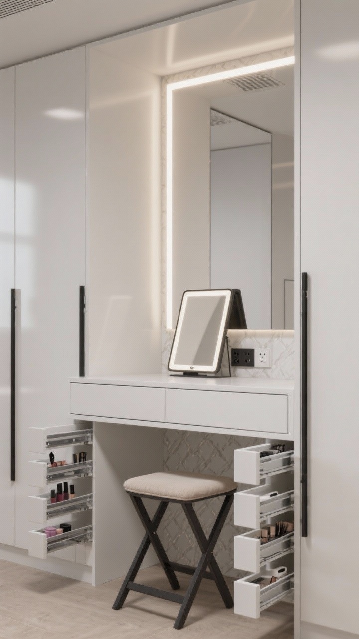 Photorealistic close-up detail shot inside a mirrored wardrobe vanity pocket: a niche finished in high-gloss paint or wallpaper, shallow slab drawer, flip-up mirror with integrated LED panel glowing softly, folding stool tucked below. On either side, slim pull-out shelves for makeup and hair tools slide out slightly to reveal organized storage. Chrome or matte black hardware, hidden outlets visible inside the cavity. Minimal exterior reflection at the wardrobe doors; crisp, integrated lighting.
