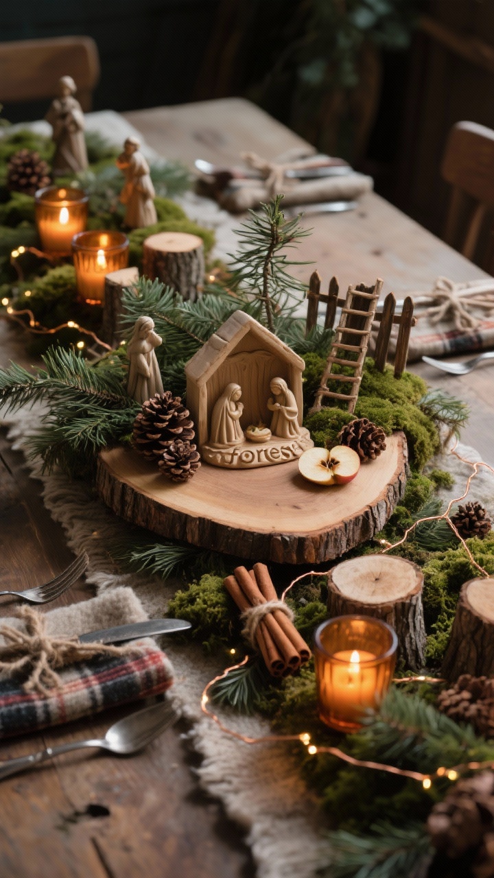 Photorealistic closeup detail of a Rustic Woodland table centerpiece: a raw-edge wood board base with a hand-carved or ceramic nativity nestled in the center, surrounded by low “forest” layers of pine branches, cedar, and moss. Tuck in pinecones, cinnamon stick bundles tied with twine, and dried apple slices. Include short amber glass votives and a thin copper-wire fairy light string weaving through greenery. Add small tree stump slices to stagger height under a few figurines, a miniature wooden fence, and a tiny rustic ladder leaning on a moss mound. Beneath, a wool runner with plaid napkins and twine-tied silverware peeking into frame. Lighting: dim room with warm candlelit glow highlighting textures and spices. Angle: low, intimate macro-style focus on textures and scent cues.