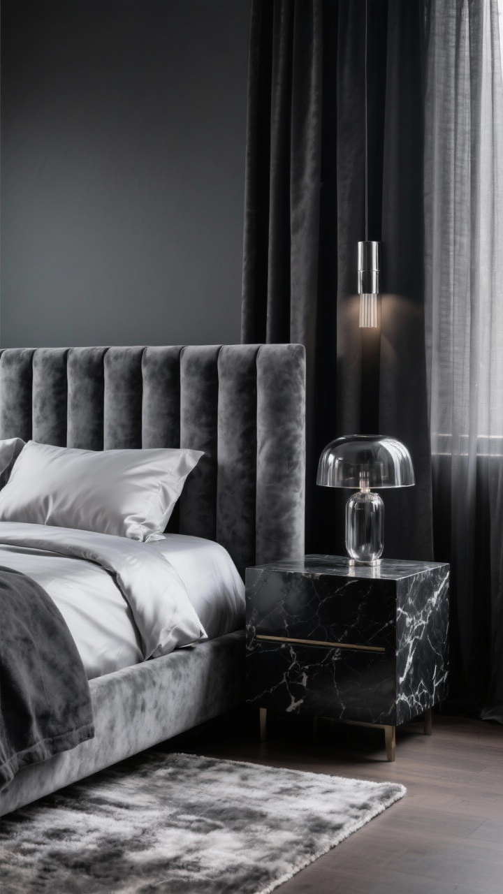 Photorealistic closeup/detail shot focusing on luxe textures: a slate velvet channel-tufted headboard against deep graphite gray walls, with plush sateen sheets and a weighted duvet; beside the bed, a black marble nightstand topped with a smoked glass lamp; a sliver of high-pile rug at the bottom edge; layered drapery visible in the background—charcoal blackout panels over sheers; cool, moody ambient lighting with subtle chrome accents.