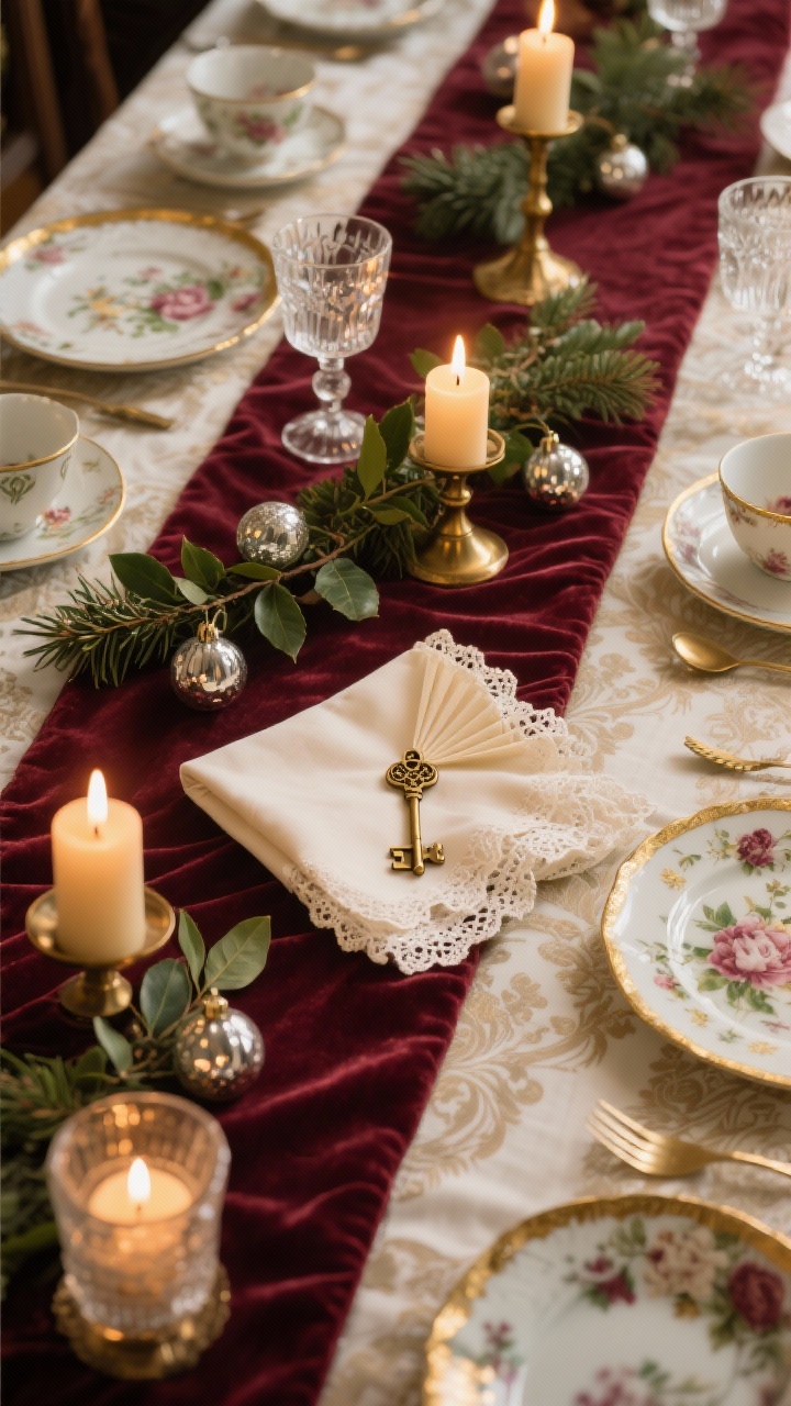 Photorealistic closeup detail shot from a corner angle of a “Vintage Storybook” setting: deep burgundy velvet runner over an ivory damask cloth; mismatched floral china with gold-rimmed glassware catching warm candle glow; lace-trim napkin folded in a soft fan holding a tiny antique brass key as a keepsake; cedar and bay leaf garland weaving through mercury glass ornaments; flickering tea lights in cut-crystal cups with beeswax tapers in brass candlesticks nearby. Color palette: burgundy, ivory, antique gold, soft green. Textures: velvet, lace, cut crystal, patinated metal. Warm, nostalgic lighting; no people.