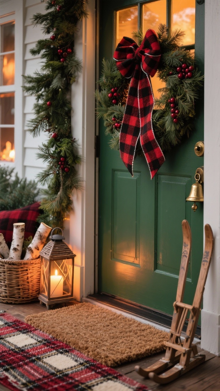 Photorealistic closeup detail shot from a slight side angle focusing on Cozy Cottage textures: a full rustic wreath of pine, juniper, and cranberries tied with a large buffalo check ribbon (black-red or black-cream), showing the weave of flannel; below, layered rugs—plaid runner partially visible beneath a coir doormat; edge of a thick garland around the doorframe; rattan lantern with an LED candle glowing warmly; basket of birch logs and a jingle bell door hanger in aged brass peeking into frame; optional hint of mini wooden skis or a small vintage sled leaning nearby; palette of forest green, cranberry red, cream, black plaid; warm, amber evening lighting for a cozy, fireside mood; no people.