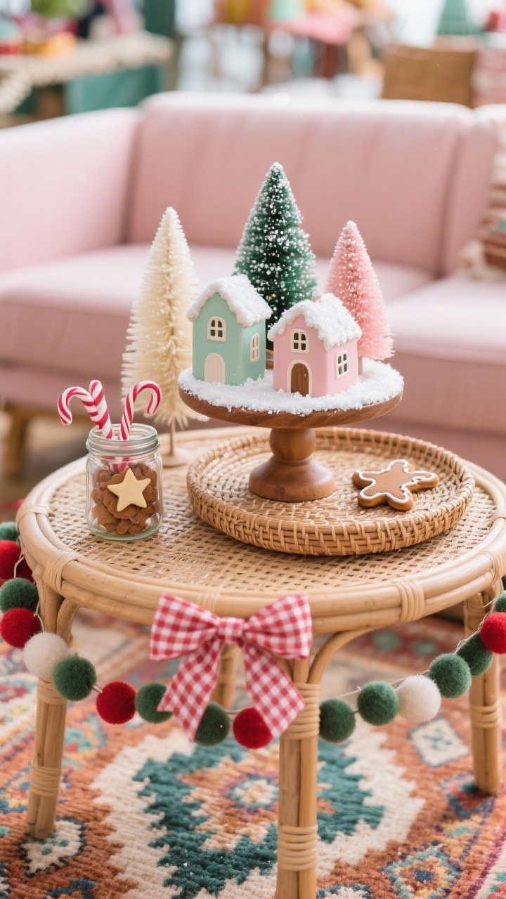 Photorealistic closeup detail shot from a slightly elevated angle of a playful boho holiday coffee table: round rattan table atop a patterned kilim rug, soft blush sofa blurred in background. Centered is a woven charger supporting a tiny Christmas village of two to three pastel ceramic houses dusted with faux glitter snow. A cake stand displays bottle-brush trees in mixed heights and colors (sage, cream, soft pink). A small jar holds striped candy canes, while a mini felt ball garland is strung around the base. Final touch: a gingham ribbon bow around a lidded jar of star cookies. Colors: blush, sage, gingerbread brown with pops of peppermint red. Lighting: bright, cheerful daylight for a whimsical market vibe; no people.