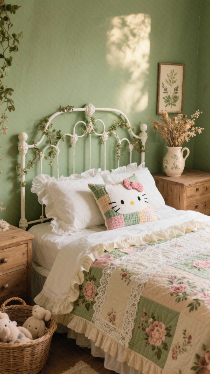 Photorealistic closeup detail shot of a Cottagecore Garden Hideaway bed vignette: sage green wall behind a white iron bed frame with vine curves. Floral quilt layered over ruffled sheets, a handmade Hello Kitty patchwork pillow centered. Lace runner edge peeking from a nearby dresser, wicker basket with plushies in soft focus. Dried flowers in a ceramic pitcher, botanical print corner visible. Palette of sage, cream, dusty rose, and warm natural wood. Warm afternoon light with gentle shadows, tactile emphasis on ruffles, quilting, and ironwork.