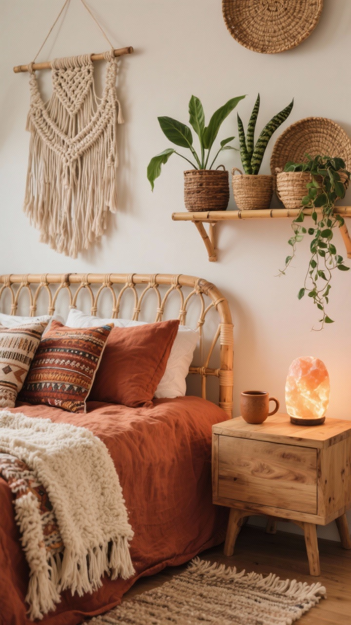 Photorealistic closeup detail shot of Earthy Boho textures: terracotta/rust bedding with cream shag or woven rug visible at the edge; rattan headboard (or rattan-look) framed in soft warm light; macramé wall hanging above, woven baskets for storage nearby; bamboo shelf holding a plant trio—pothos, snake plant, trailing ivy; kilim throw pillows and a handwoven blanket layered on the bed; earthy ceramic mug on a natural wood nightstand; gentle glow from a paper lantern and a salt lamp in the background. Cozy, layered texture focus.