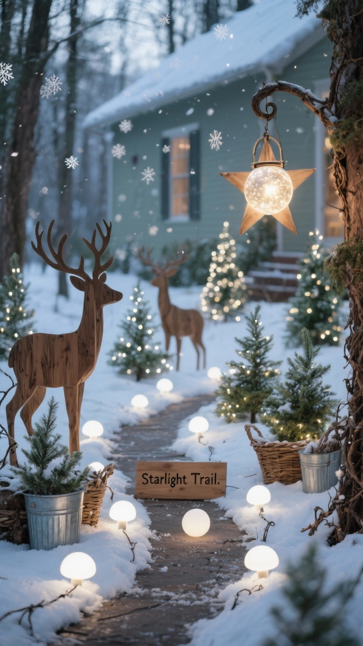 Photorealistic detail/closeup along a Magical Woodland pathway at twilight, angled from knee height: a gentle curved path edged with low mushroom-style path lights casting cool white glow onto faux snow blankets; wooden deer silhouettes and twig reindeer in varying sizes slightly out of focus in the background; clusters of mini evergreen trees wrapped in cool white fairy lights nestled in rustic baskets and galvanized tubs; an oversized star lantern hanging from a shepherd’s hook overhead; one glowing orb light at ground level for a floating effect; a small wooden sign reading “Starlight Trail.” Soft projection of snowflakes drifting across the house facade in the distance. Colors: soft white, woodland browns, sage greens. Textures: wood grain, twigs, galvanized metal.