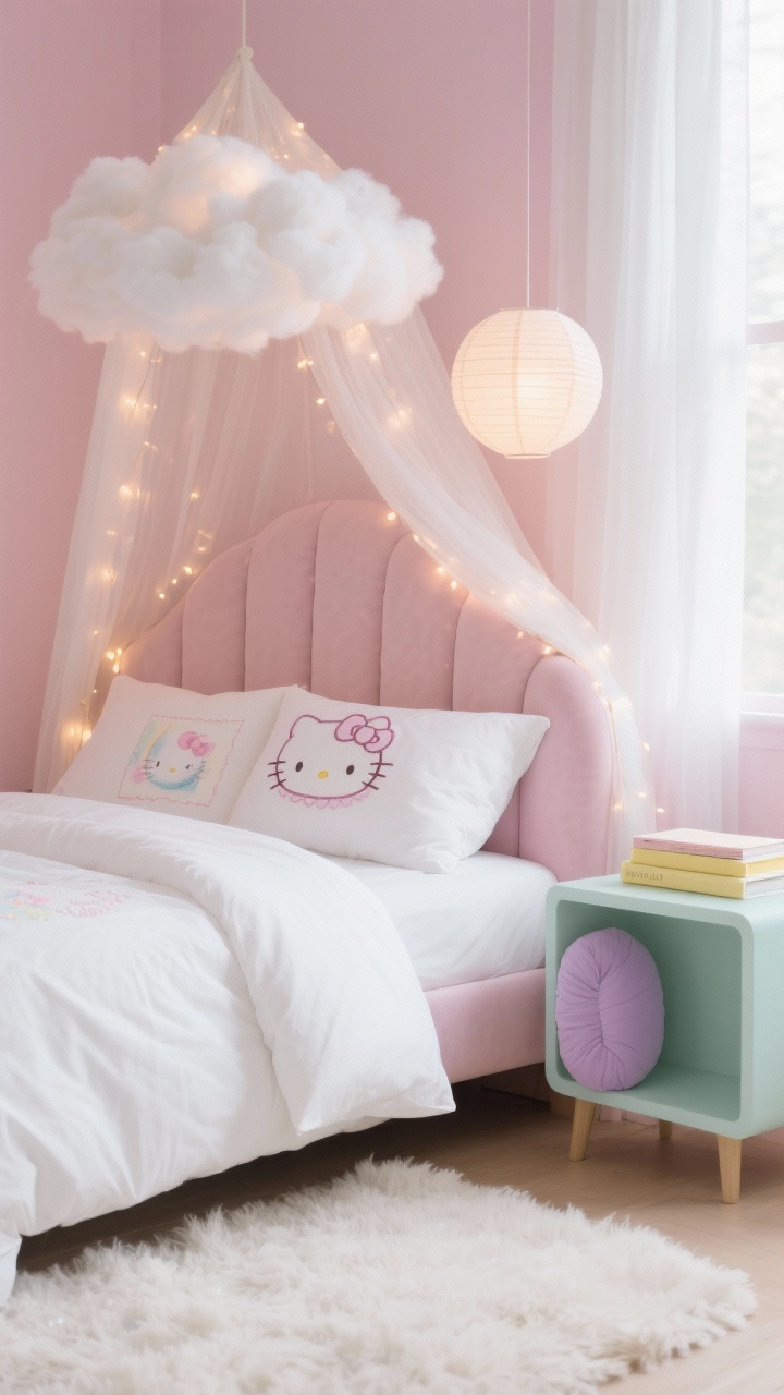 Photorealistic detail closeup capturing a soft cloud sanctuary mood: plush cloudlike bedding in white on a curved upholstered headboard in muted rose against soft shell pink walls; sheer white curtains diffusing light in the background; pastel accents—mint side table edge, lilac bolster pillow corner, pale yellow book stack; delicate Hello Kitty touches—embroidered Kitty pillowcases and a small watercolor Kitty print slightly out of focus; warm fairy lights draped over a canopy and a paper lantern pendant glow; shaggy ivory rug texture in foreground; soft, airy morning light, shallow depth of field, no people.
