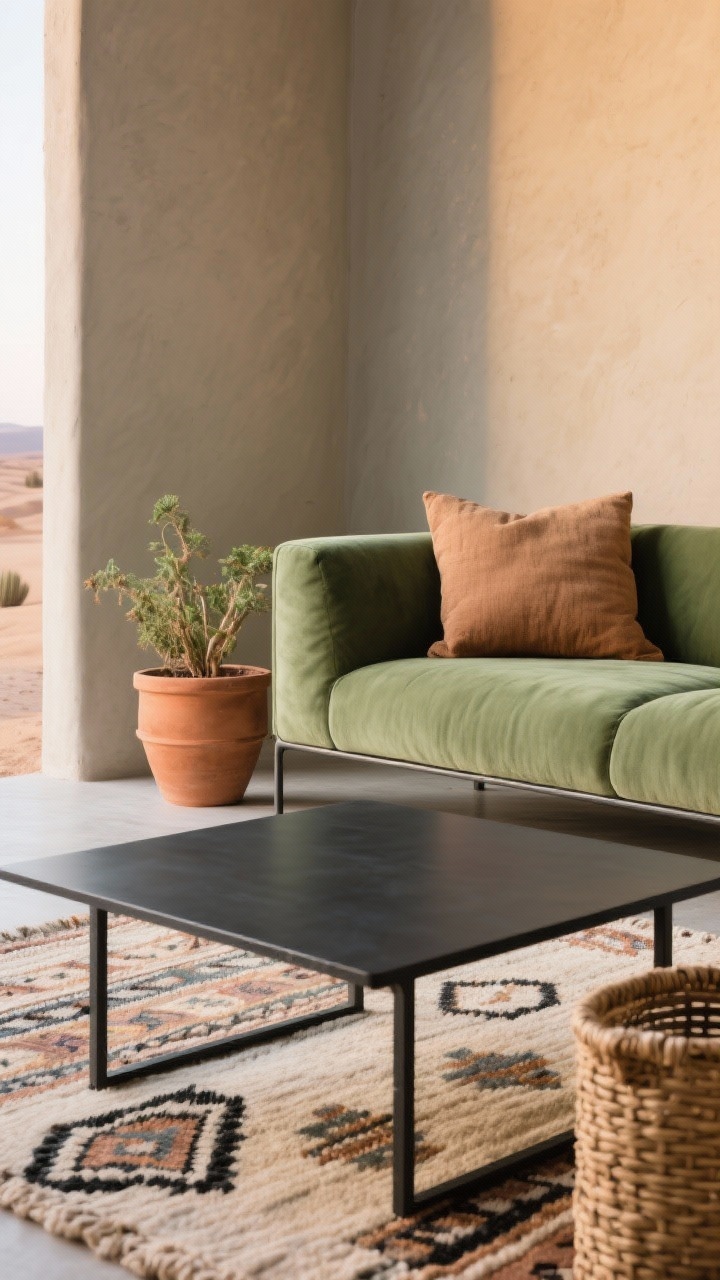 Photorealistic detail closeup “Desert Modern”: low-angle shot of a sage/olive green couch corner against warm sand/greige wall, terracotta planters with clay tones beside the arm, clay-toned pillow textures, edge of a rectangular matte black metal coffee table entering frame, woven baskets tucked nearby, flatweave kilim rug pattern visible under the table, powder-coated metal finish detail, soft natural desert light, calm warm ambiance, no people.