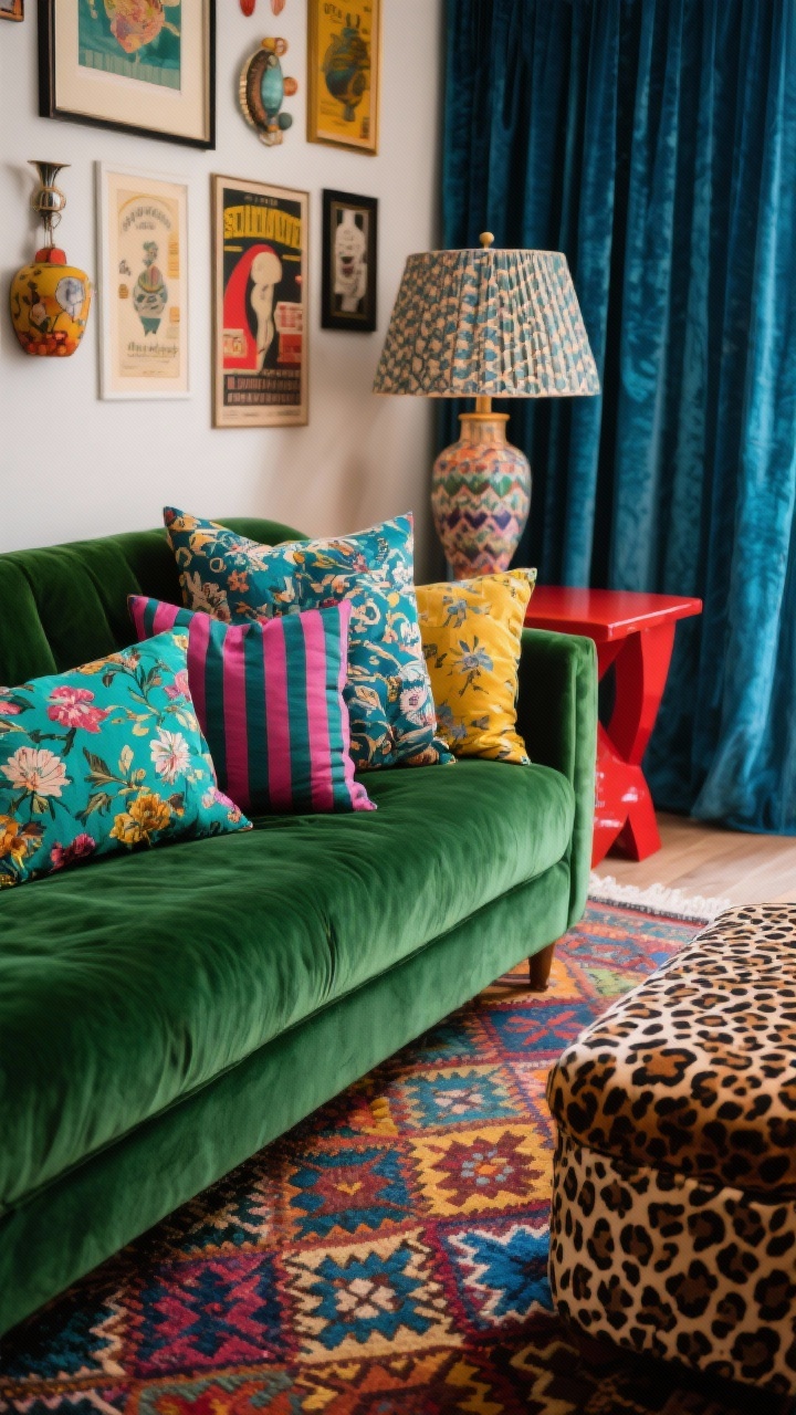 Photorealistic detail closeup from an eclectic maximalist composition: corner of the green velvet sofa piled with patterned pillows—florals, stripes, and block prints—in jewel tones of teal, magenta, saffron with pops of cobalt; edge of a bold patterned rug (Moroccan diamond or colorful kilim) beneath; a contrasting ottoman upholstered in leopard or ikat peeking into frame; glimpse of a pleated patterned lamp shade and part of a salon-style gallery wall with vintage posters and quirky objects; velvet curtains in peacock blue and a lacquered tomato-red side table blurred in background; rich, layered textures, no people