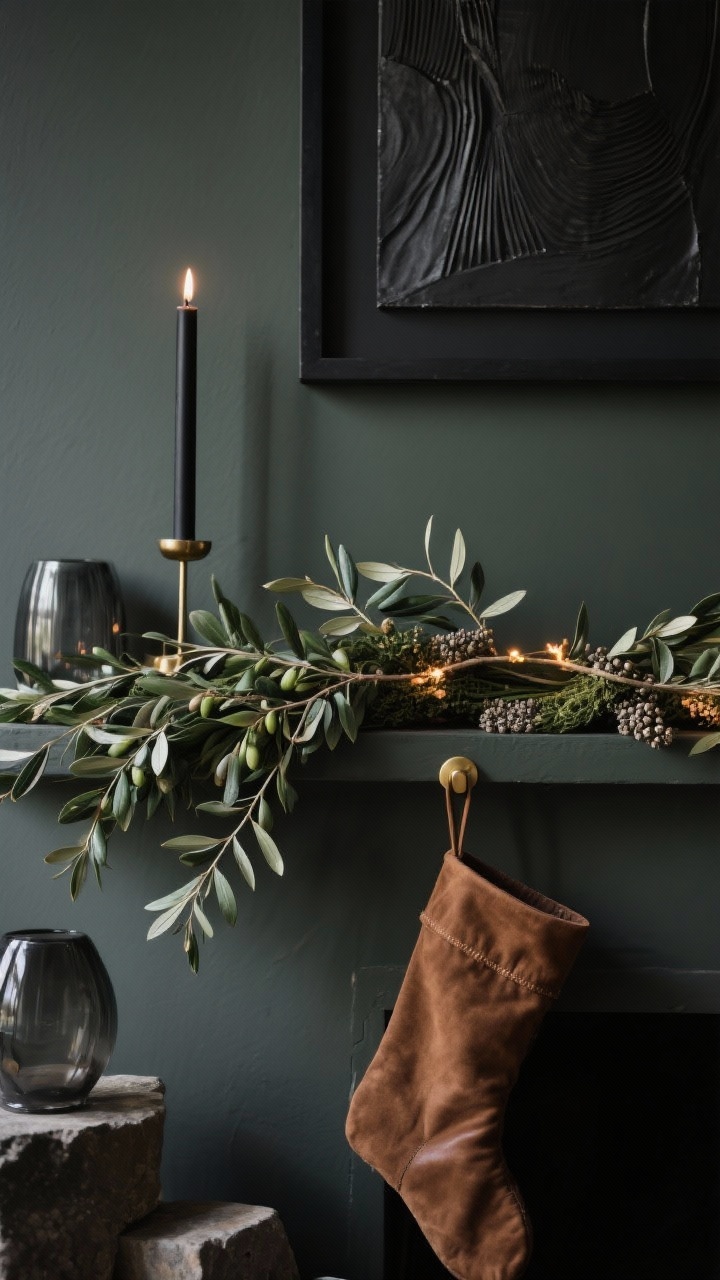 Photorealistic detail closeup, low eye-level, focusing on materials and minimal glow in a Moody Modern scheme: backdrop wall painted charcoal or deep olive; a sleek black-framed abstract art piece partially visible; a low, dense garland of olive branches and seeded eucalyptus running across the mantle with a single strand of warm micro-lights tucked into the greenery; asymmetrical black taper candles providing subtle illumination; hints of stone, matte metal, and smoked glass objects; edge of a saddle-brown leather or suede stocking on a minimalist brass hook. Lighting is moody and restrained, with soft highlights and deep shadows for quiet drama.