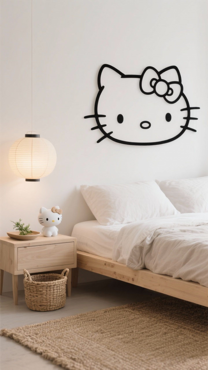 Photorealistic detail closeup, “Minimal Zen Sanctuary”: warm white wall and pale wood low platform bed with natural cotton bedding, an oversized single line-art print of Hello Kitty in black on white above the headboard, soft glow from paper lantern lighting, jute rug texture in the foreground, woven basket and a matte white small Hello Kitty figure on a minimalist pale wood nightstand, a ceramic tray with a sprig of greenery; calm, balanced composition with natural textures; shallow depth of field.