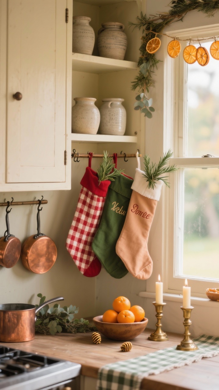 Photorealistic detail/closeup of a cottagecore kitchen nook peg rail: creamy cabinets and open shelves with stoneware crocks blurred in the background. On the peg rail hang gingham and ticking stripe stockings in red, forest green, and soft clay, each with embroidered names. Small sprigs of rosemary and eucalyptus tucked into the cuffs. Nearby details include copper pots on hooks catching warm light, a bowl of clementines, beeswax candles in vintage brass, and a checkered table runner edge. Overhead window garland with dried orange slices softly out of focus. Warm morning natural light, cozy homespun texture emphasis; straight-on close framing.