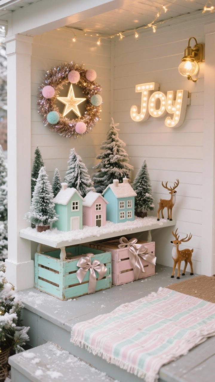 Photorealistic detail closeup of a covered porch nook, overhead-to-oblique angle: a miniature Christmas village scene arranged on a shelf with tiny pastel houses (mint, blush, ice blue) among bottlebrush trees dusted with faux snow; nearby a starburst tinsel wreath and pastel pom-pom ring visible on the wall edge; retro reindeer figurines and a lit “Joy” marquee sign creating nostalgic glow; pastel-painted crates on a lower step holding wrapped boxes tied with satin ribbon; a striped pastel runner partially visible; textures of tinsel, satin, and bottlebrush highlighted by soft, diffused bulb lights; soft gold accents; no people.