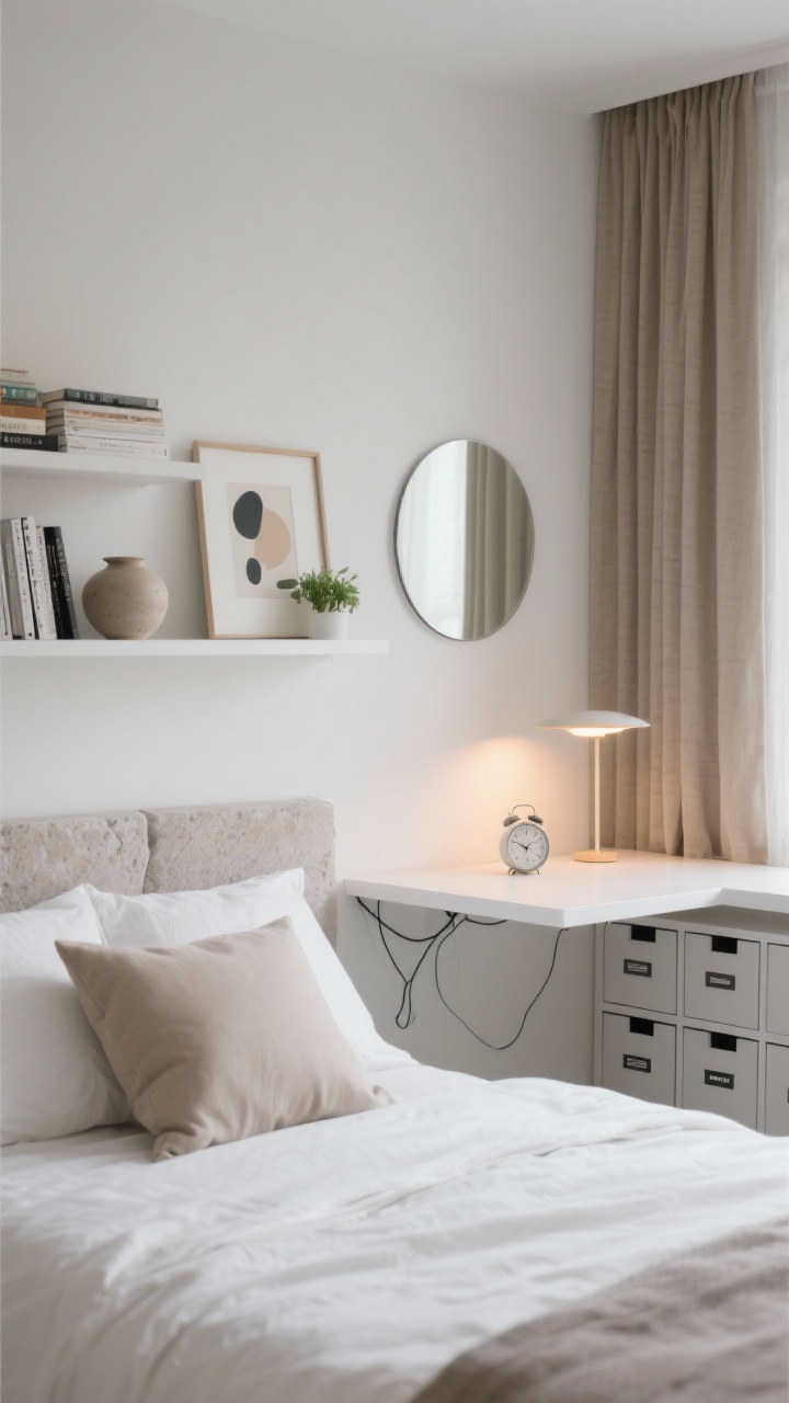 Photorealistic detail/closeup of a Minimalist Zen Study Sanctuary: focus on negative space, symmetry, and tight palette of stone, soft white, muted taupe. Crisp white duvet with a single sculptural neutral-toned pillow centered. Floating shelves holding neatly arranged textbooks; one ceramic vessel, one framed abstract, one small green plant—precisely placed. Sand-colored blackout curtain edge in frame; simple round mirror reflecting soft ambient light. Slim white desk with visible cable management and a monochrome grid of matching labeled storage cubes beneath. Dimmable task lamp off, sunrise alarm clock softly glowing, airy and calm mood, straight-on close framing.