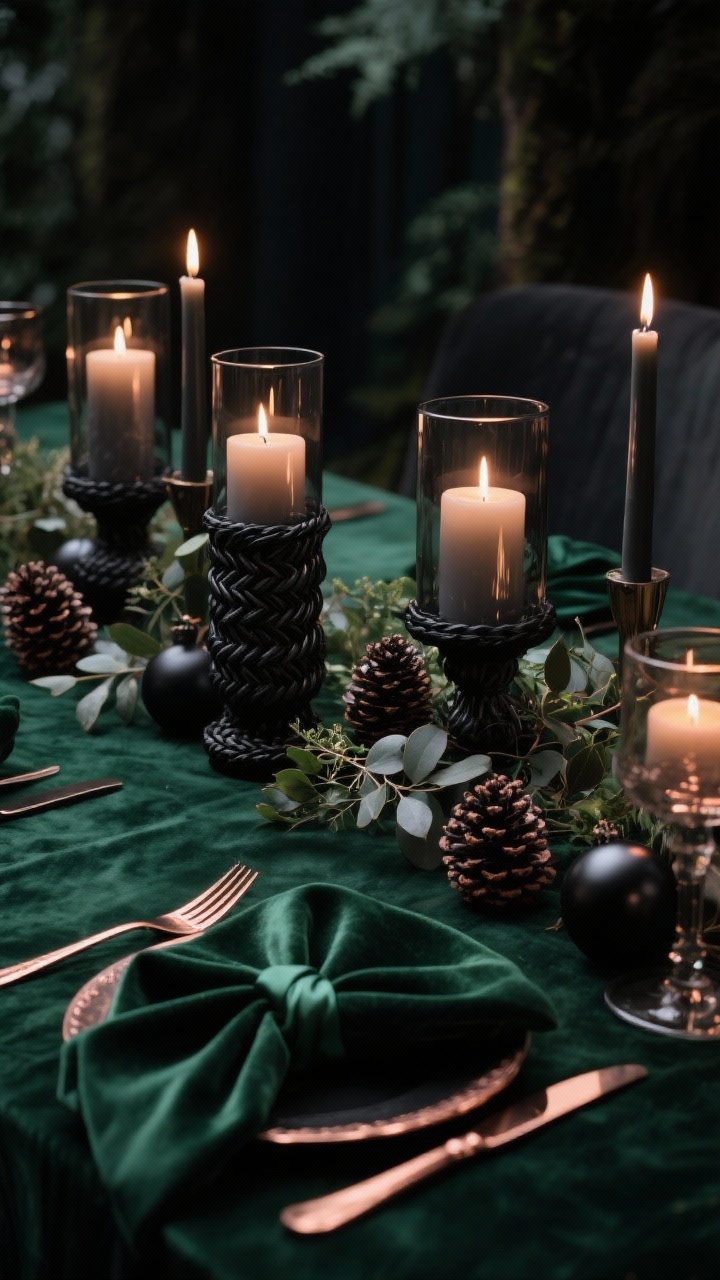 Photorealistic detail closeup of a moody forest luxe centerpiece: deep emerald velvet tablecloth background, line of mixed-height smoked glass hurricanes with glowing pillar candles, woven black-tinted eucalyptus, pinecones, and matte black ornaments nestled between; hints of copper flatware edges and a velvet ribbon napkin tie entering frame; palette of emerald, black, smoke, copper; rich, dim lighting emphasizing shadow and sheen; shallow depth of field highlighting candle glow on smoked glass and velvet texture, shot from table level at a dramatic angle.