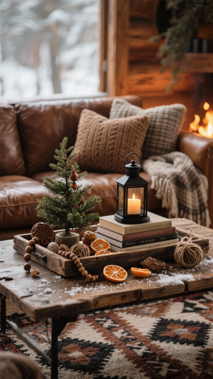 Photorealistic detail closeup of rustic textures on a coffee table vignette: a reclaimed wooden tray holding a mini cedar tree, a matte black candle lantern glowing softly, and a stack of wintery coffee-table books; background bokeh of a leather sofa in tobacco brown with textured wool throws and cable knit pillows; hints of a patterned kilim or buffalo-check rug beneath; organic tree decor peeking in with wooden beads, carved ornaments, dried orange slices, and twine; warm, firelit ambience, shallow depth of field, low-angle close crop emphasizing cozy cabin glow.