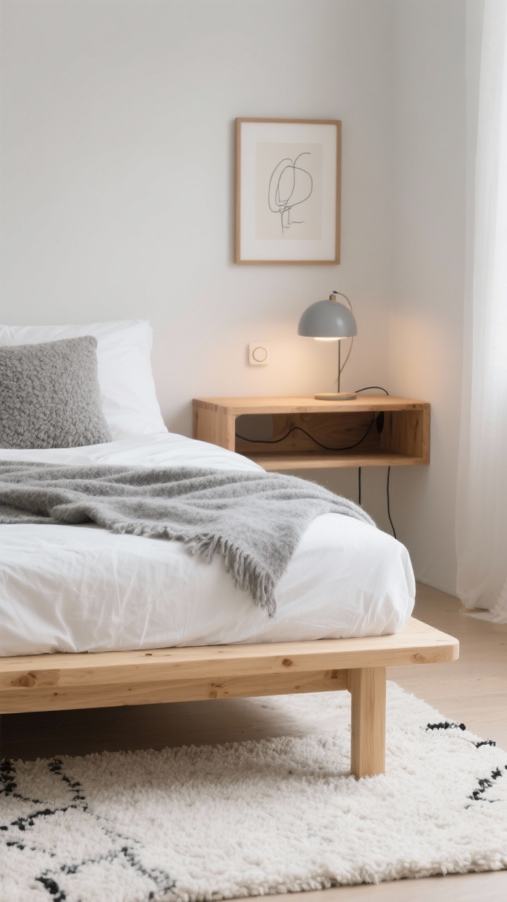 Photorealistic detail closeup of Scandinavian Warm Minimal textures: edge of a low-profile platform bed in blonde wood with crisp white bedding topped by a gray wool throw, bouclé accent pillow, and a nubby ivory area rug meeting the bed frame. In the background blur, floating oak nightstand shelf with hidden cord cutout, globe sconce with dimmer softly lit, and minimal line drawing in a natural frame. Soft diffused daylight, negative space emphasized, serene tonal palette of blonde wood, soft grays, and touches of black.
