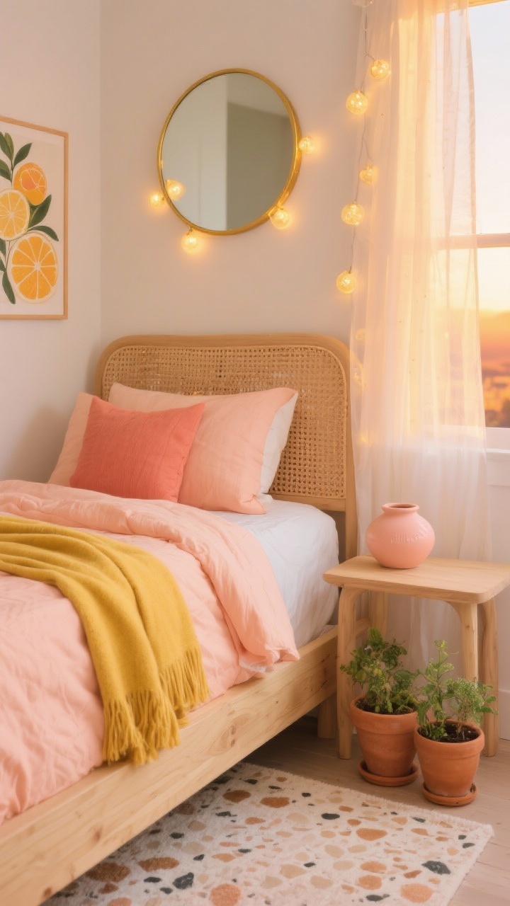 Photorealistic detail/closeup of Sunset Sorbet textiles and decor: soft peach duvet with coral shams and a buttery yellow throw layered on light wood furniture edge (maple/ash), a round mirror with a gold rim catching warm LED globe string lights, woven cane headboard cushion partially in frame for texture, pale apricot terrazzo-print rug peeking below, citrus-themed art corner and a peachy ceramic catchall on the bedside, terracotta planters with small greenery, sheer drape diffusing sunset glow to create a golden-hour ambiance, shallow depth of field