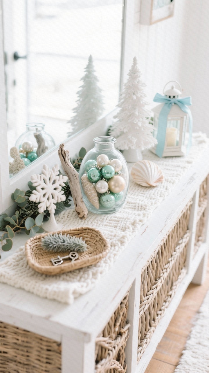 Photorealistic detail closeup, overhead perspective of a Coastal Winter Whites entry tabletop: a whitewashed/rattan console topped with a chunky knit runner. Show a hurricane vase filled with pearlescent ornaments in sea-glass greens and sandy neutrals, driftwood accents, shell-adorned snowflake decor, and a mini white ceramic tree. Include a pale blue ribbon tied around a small lantern edge, subtle eucalyptus garland peeking in, and a shallow woven tray holding keys with a sprig of dusty miller. Color palette: white, cream, seafoam, pale blue, sandy tan. Bright, airy natural daylight with soft coastal softness. No people.